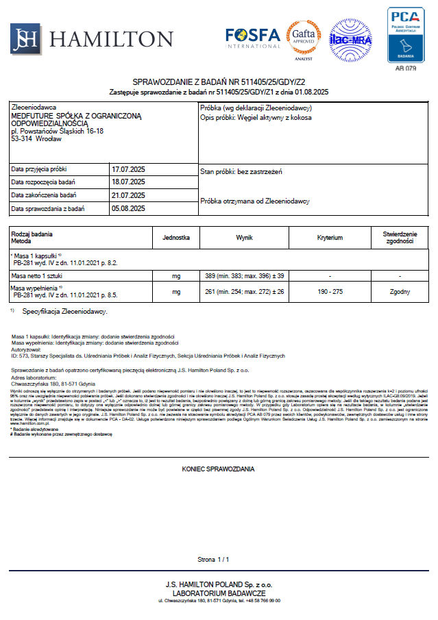 Węgiel aktywny z kokosa 260mg - 60 kaps
